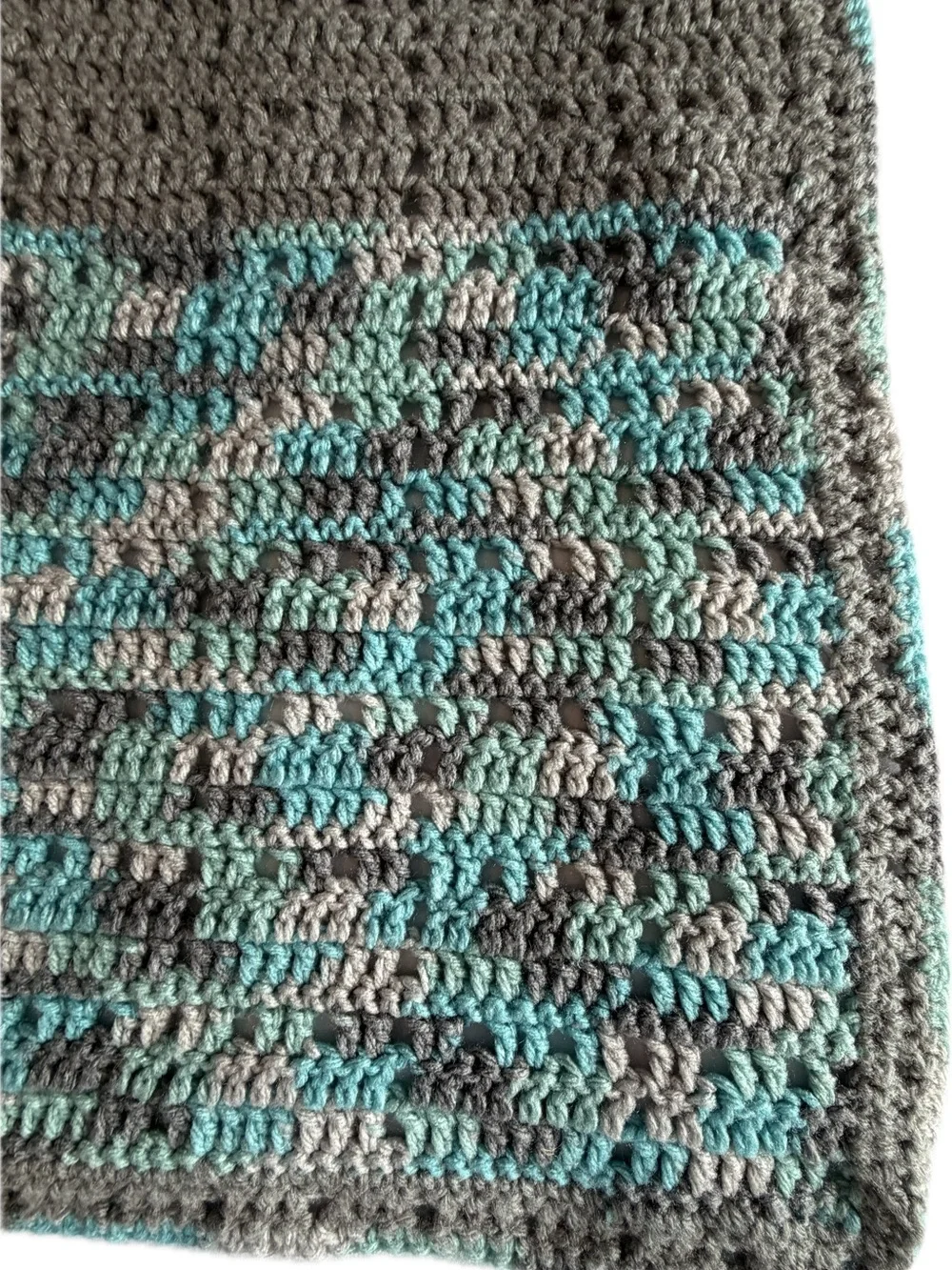 Crochet  lap/baby blanket handmade, variegated teal and grey. Cozy Home Accent